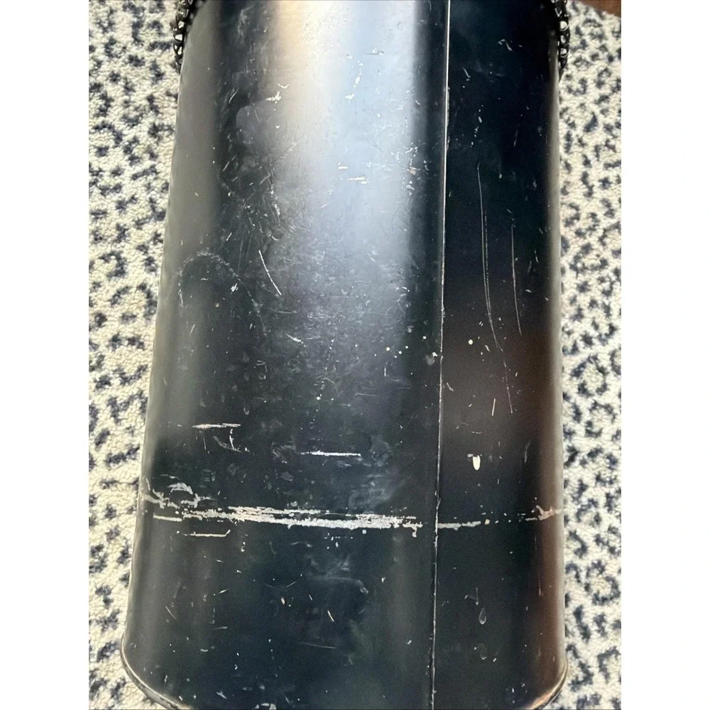 VTG Hand Painted Floral Metal Wastebasket Black Pierced Lattice Toleware Worn!